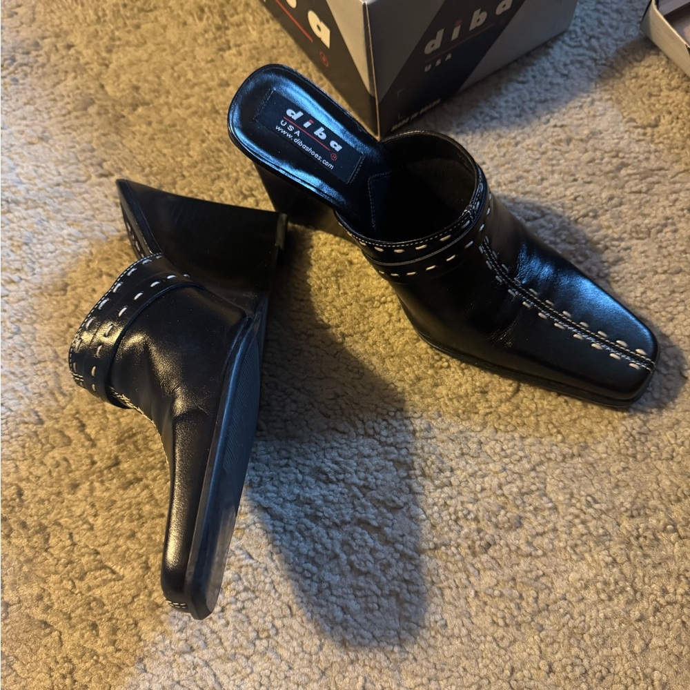 Diba Black Square-Toe Mules with Polished Finish